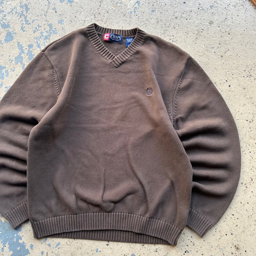 2000s Polo Chaps Mens Sweater Brown Cotton Knit Long Sleeve Pullover Logo Large